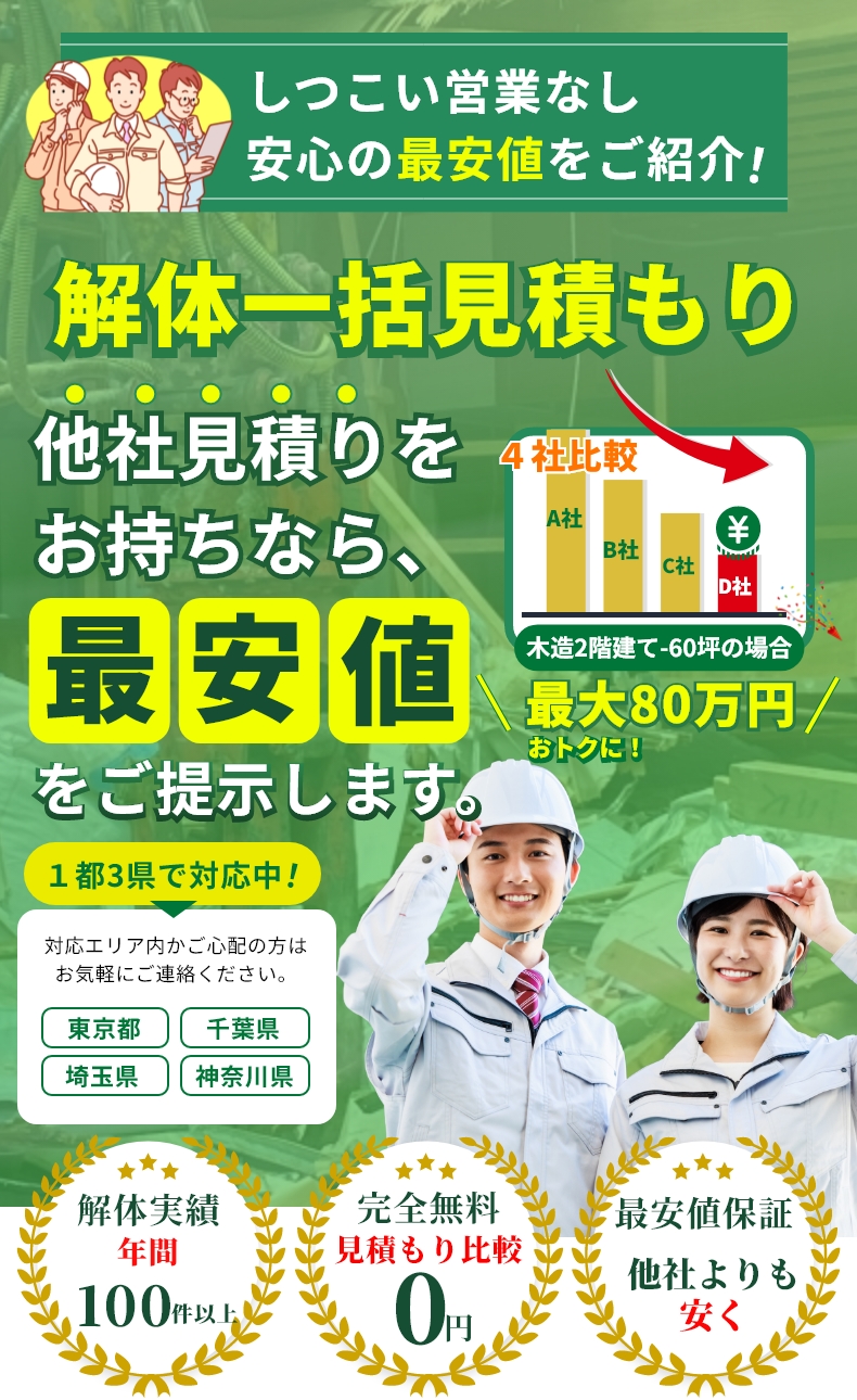 解体一括見積り、他社見積りをお持ちなら、最安値でご提示します。